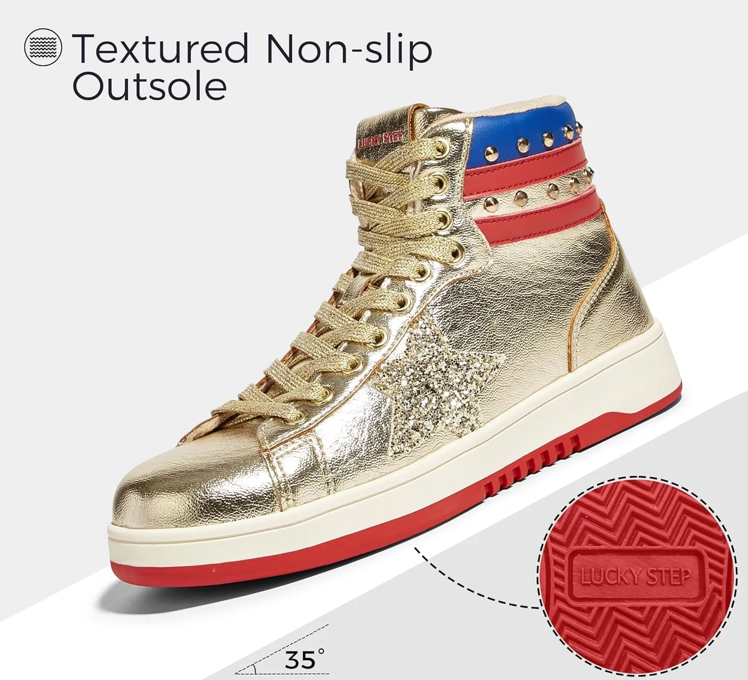 LUCKY STEP Women High Top Fashion Glitter Star Sneakers Retro Zipper Ankle Boots Basketball Tennis Casual Faux Leather Walking Shoes
