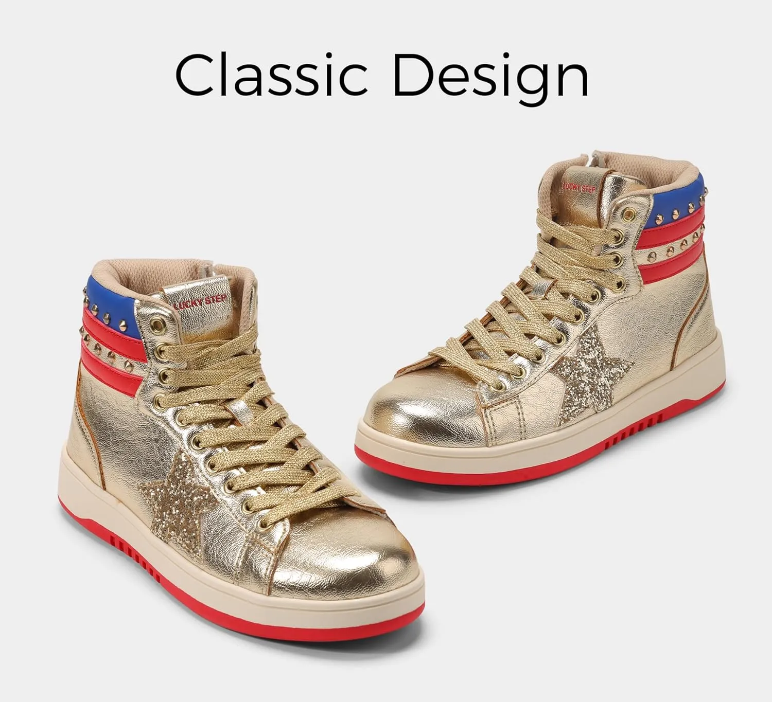 LUCKY STEP Women High Top Fashion Glitter Star Sneakers Retro Zipper Ankle Boots Basketball Tennis Casual Faux Leather Walking Shoes