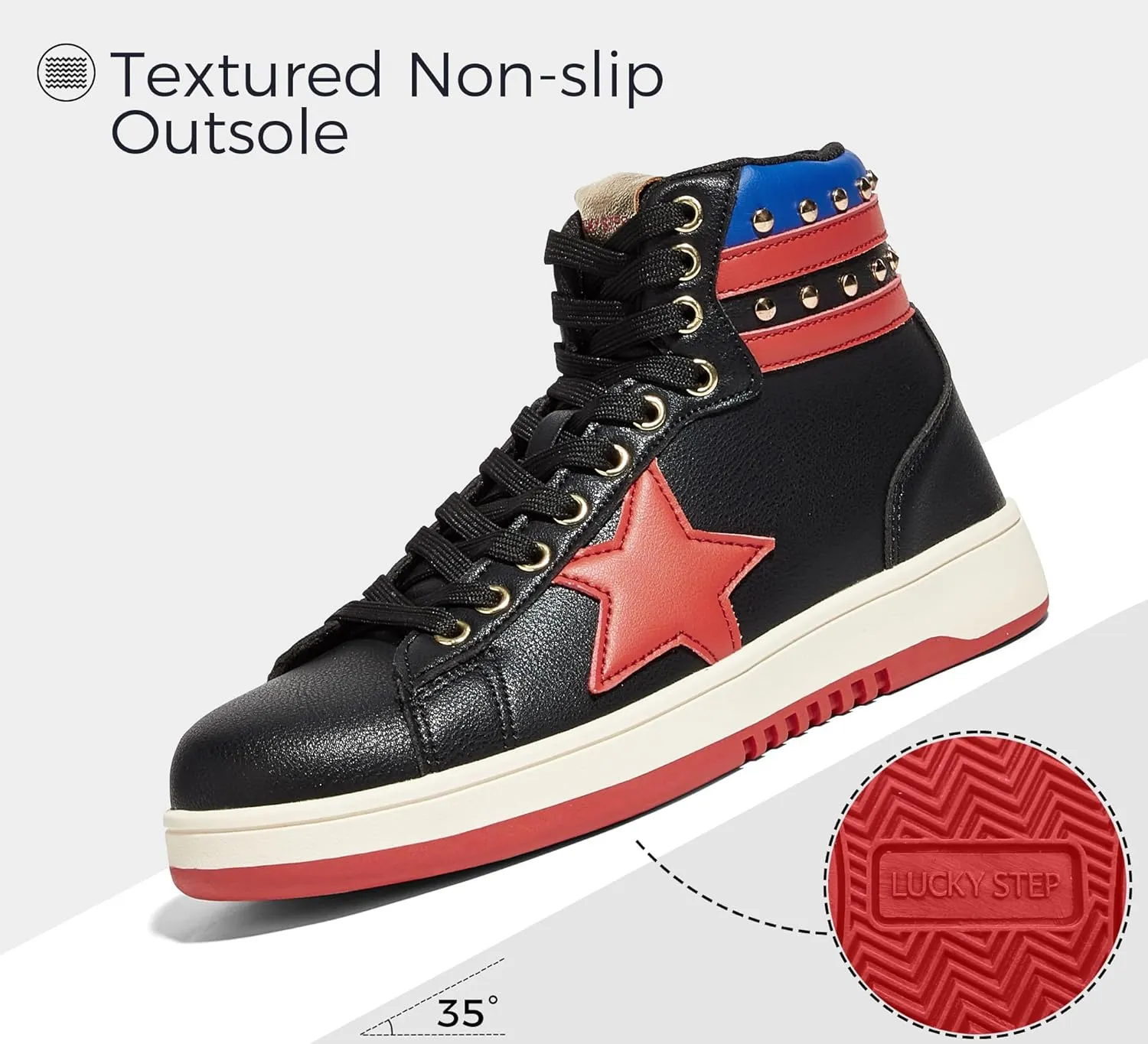 LUCKY STEP Women High Top Fashion Glitter Star Sneakers Retro Zipper Ankle Boots Basketball Tennis Casual Faux Leather Walking Shoes
