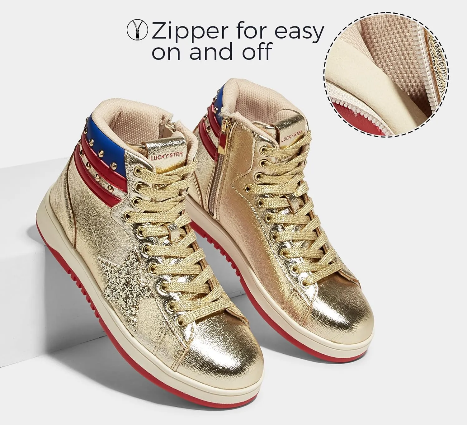 LUCKY STEP Women High Top Fashion Glitter Star Sneakers Retro Zipper Ankle Boots Basketball Tennis Casual Faux Leather Walking Shoes