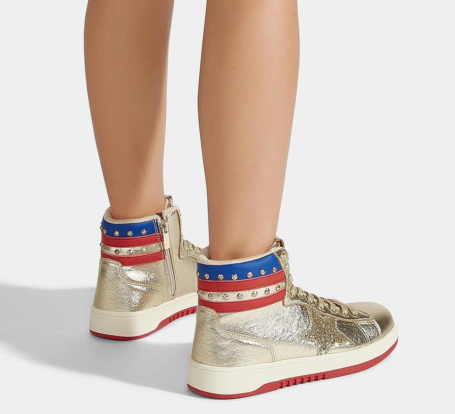 LUCKY STEP Women High Top Fashion Glitter Star Sneakers Retro Zipper Ankle Boots Basketball Tennis Casual Faux Leather Walking Shoes