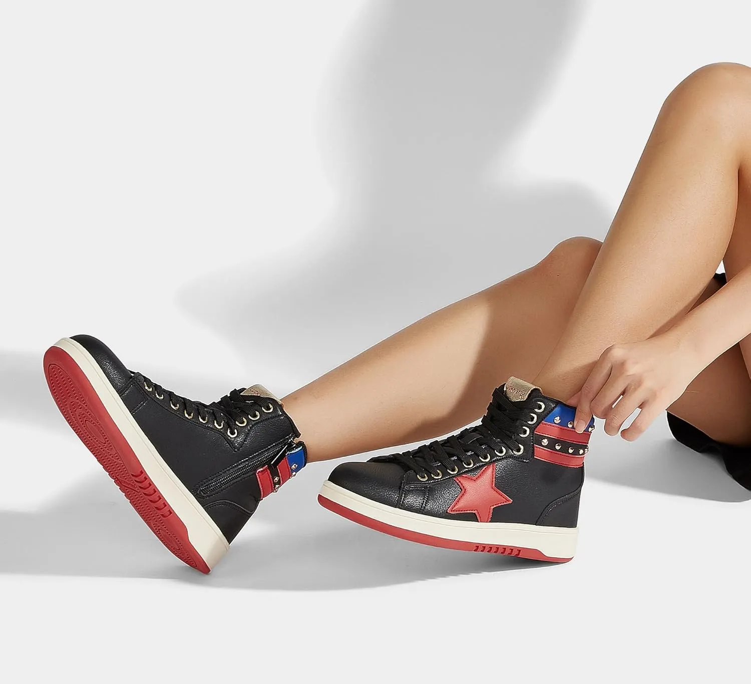 LUCKY STEP Women High Top Fashion Glitter Star Sneakers Retro Zipper Ankle Boots Basketball Tennis Casual Faux Leather Walking Shoes