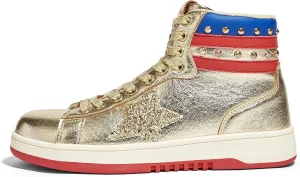 LUCKY STEP Women High Top Fashion Glitter Star Sneakers Retro Zipper Ankle Boots Basketball Tennis Casual Faux Leather Walking Shoes