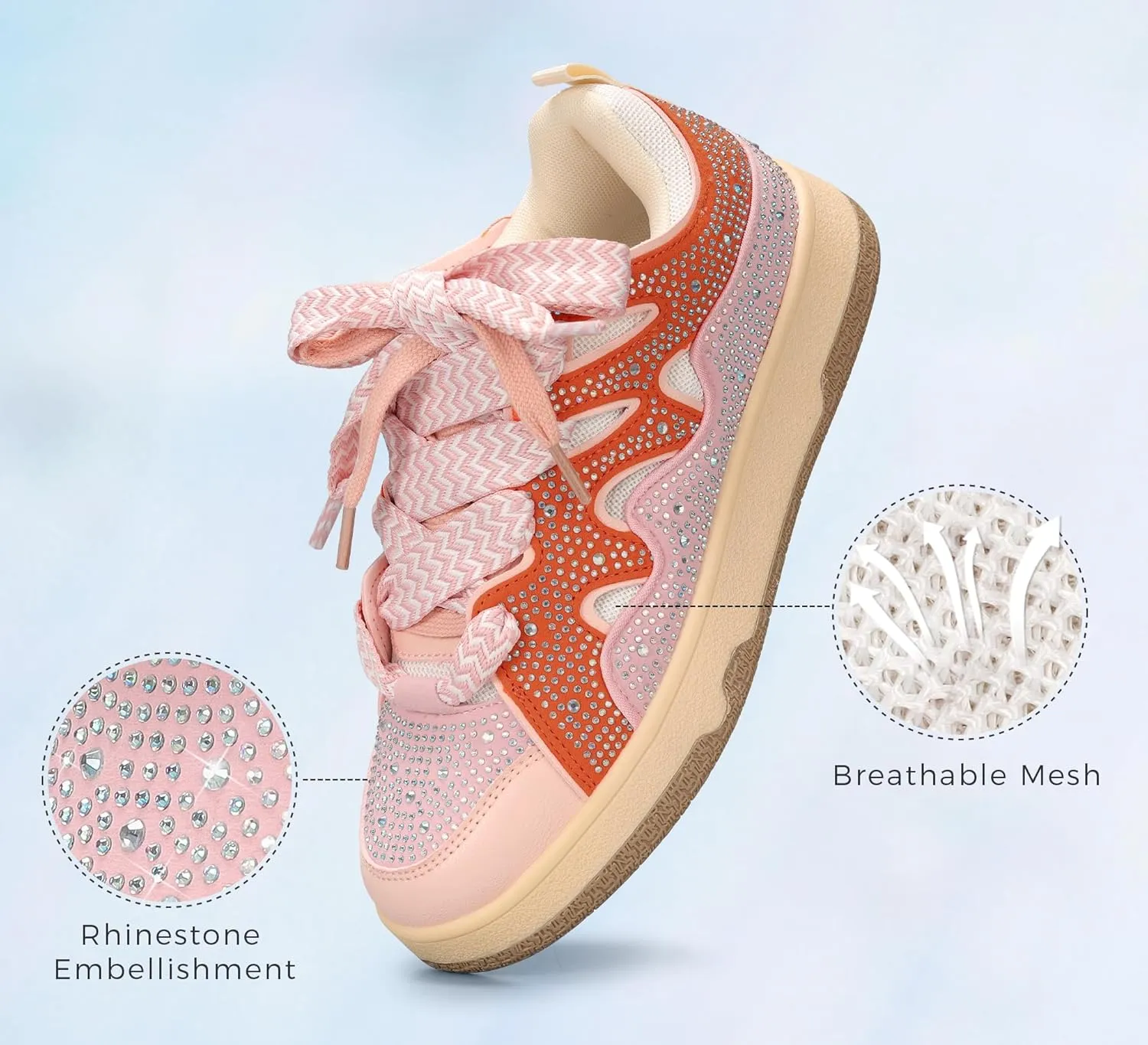 LUCKY STEP Women's Sparkle Rhinestone Fashion Sneakers Walking Tennis Bling Glitter Roaring Shoes Platform Lace up Casual Mesh Sneaker