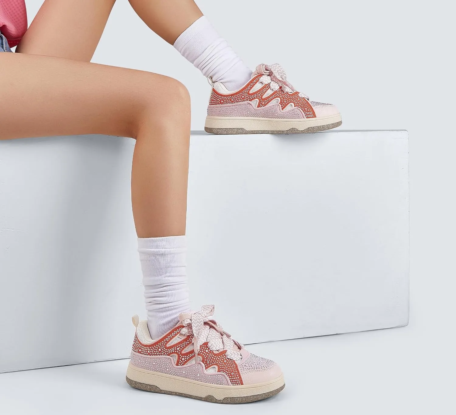 LUCKY STEP Women's Sparkle Rhinestone Fashion Sneakers Walking Tennis Bling Glitter Roaring Shoes Platform Lace up Casual Mesh Sneaker