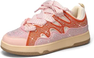 LUCKY STEP Women's Sparkle Rhinestone Fashion Sneakers Walking Tennis Bling Glitter Roaring Shoes Platform Lace up Casual Mesh Sneaker