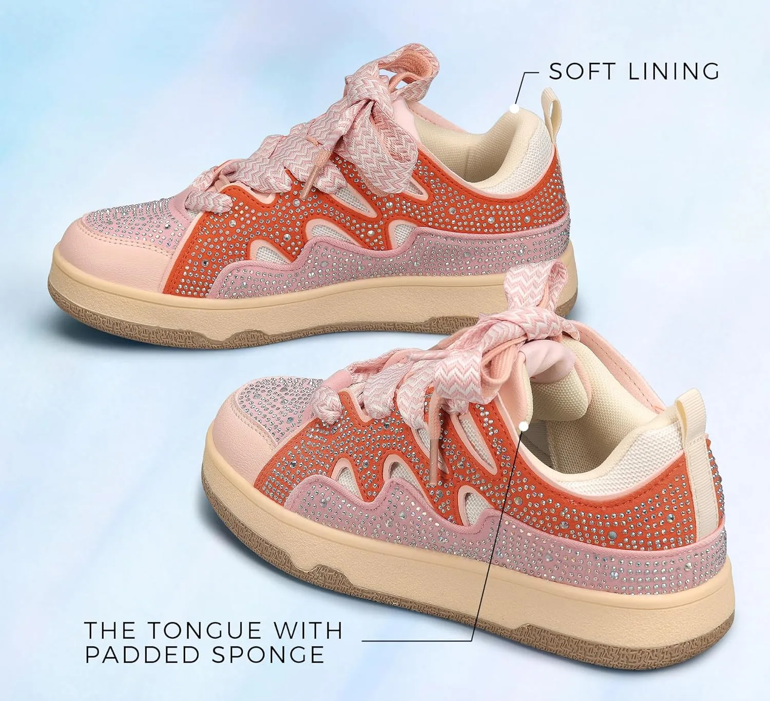 LUCKY STEP Women's Sparkle Rhinestone Fashion Sneakers Walking Tennis Bling Glitter Roaring Shoes Platform Lace up Casual Mesh Sneaker