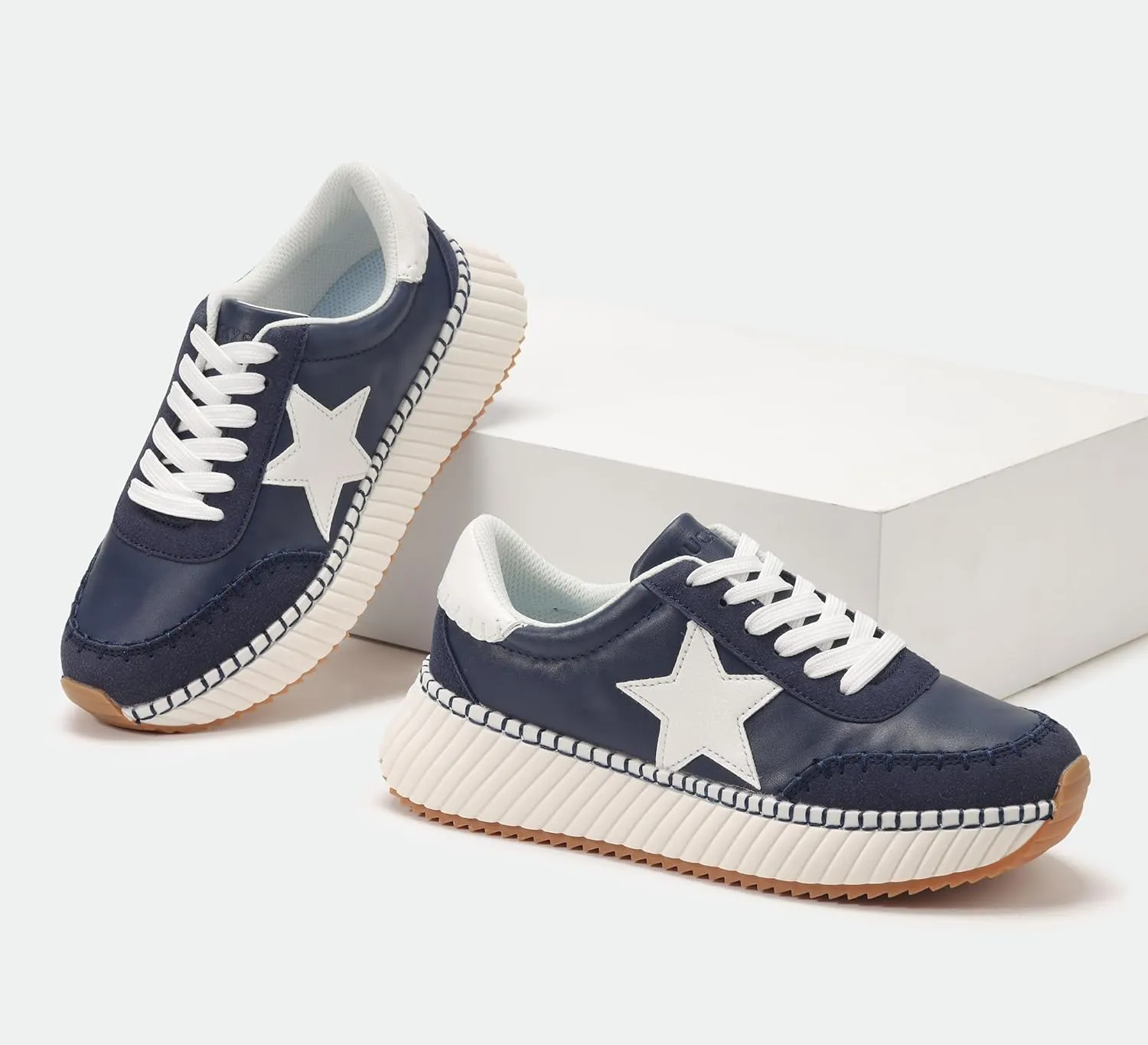 LUCKY STEP Women's Star Platform Sneakers Fashion Chunky Retro Trendy Casual Tennis Running Trainning Walking Shoes