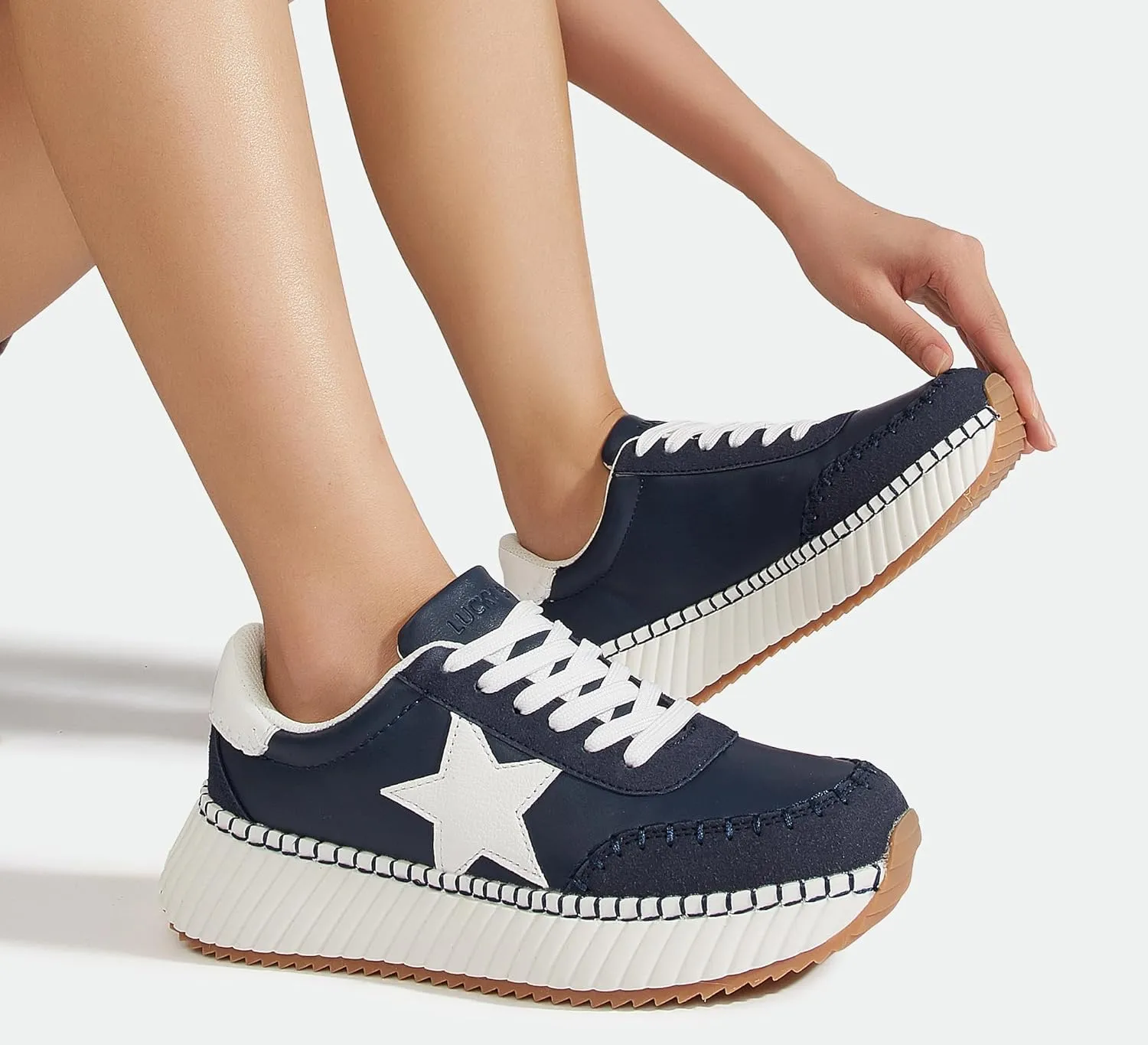 LUCKY STEP Women's Star Platform Sneakers Fashion Chunky Retro Trendy Casual Tennis Running Trainning Walking Shoes