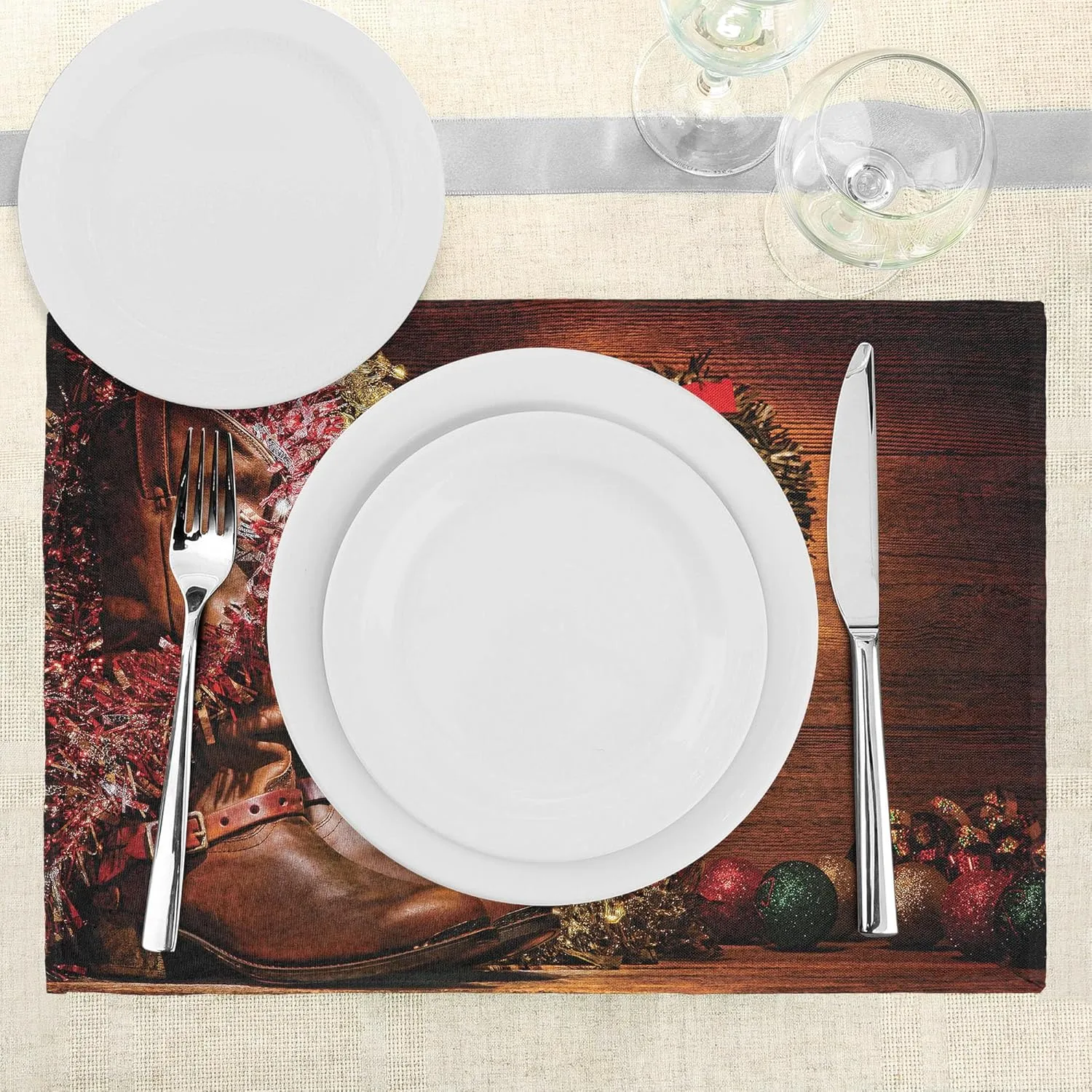 Lunarable Western Place Mats Set of 8, Country Design with Cowboy Boots and Christmas Celebrations in a Vintage Cabin Lodge, Washable Fabric Placemats for Dining Table, Placemat 8 pcs, Brown Green
