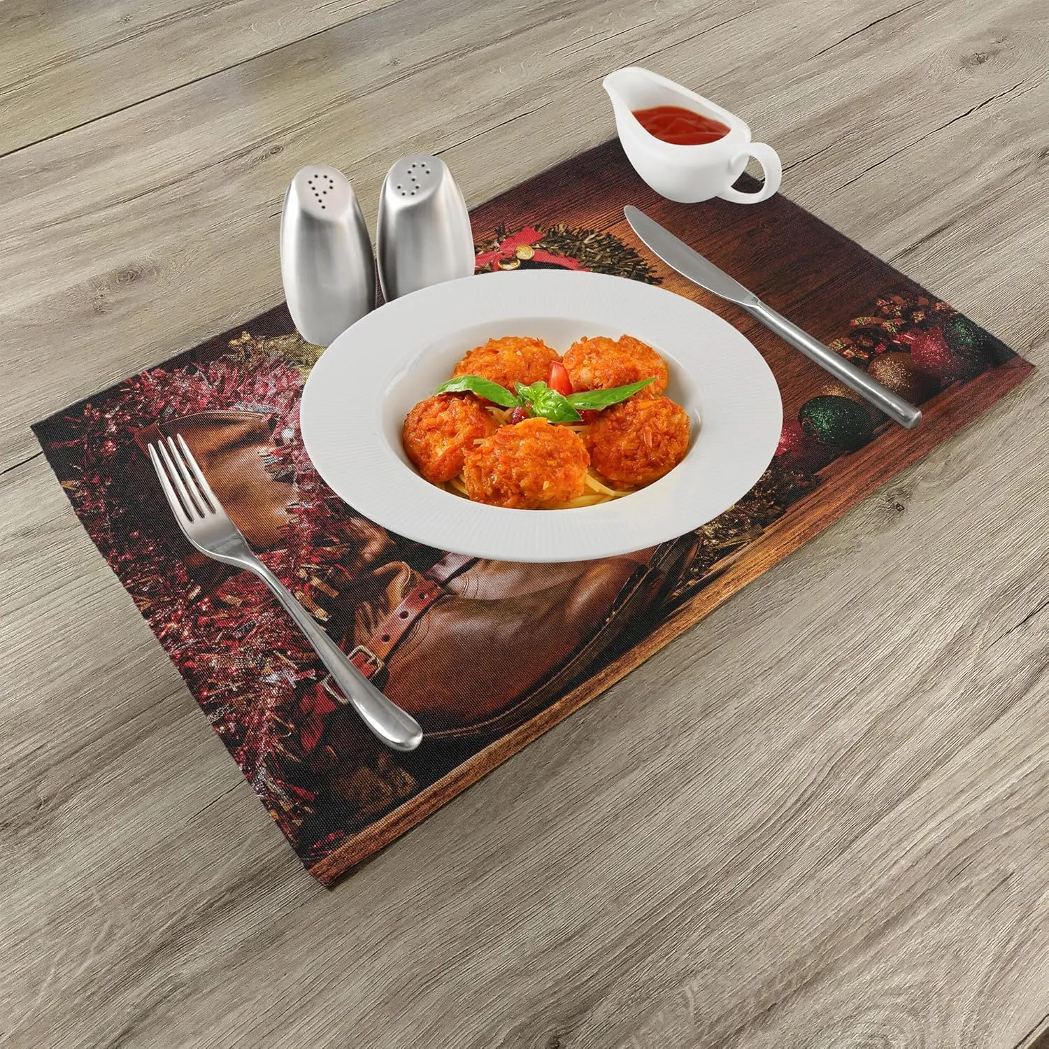 Lunarable Western Place Mats Set of 8, Country Design with Cowboy Boots and Christmas Celebrations in a Vintage Cabin Lodge, Washable Fabric Placemats for Dining Table, Placemat 8 pcs, Brown Green