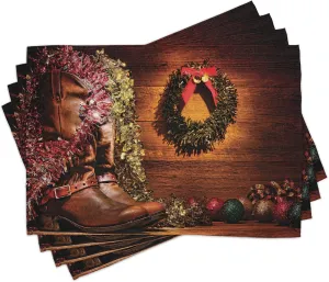Lunarable Western Place Mats Set of 8, Country Design with Cowboy Boots and Christmas Celebrations in a Vintage Cabin Lodge, Washable Fabric Placemats for Dining Table, Placemat 8 pcs, Brown Green