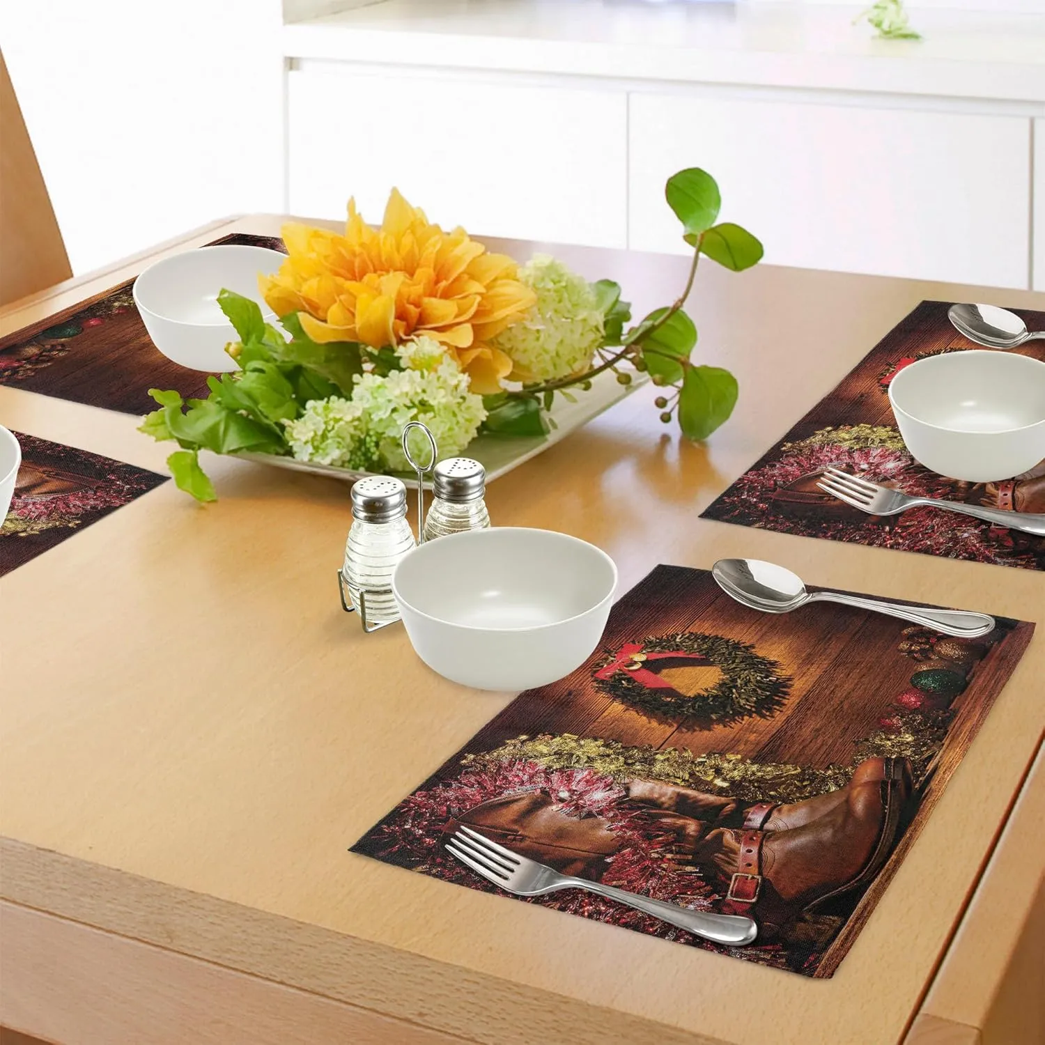 Lunarable Western Place Mats Set of 8, Country Design with Cowboy Boots and Christmas Celebrations in a Vintage Cabin Lodge, Washable Fabric Placemats for Dining Table, Placemat 8 pcs, Brown Green
