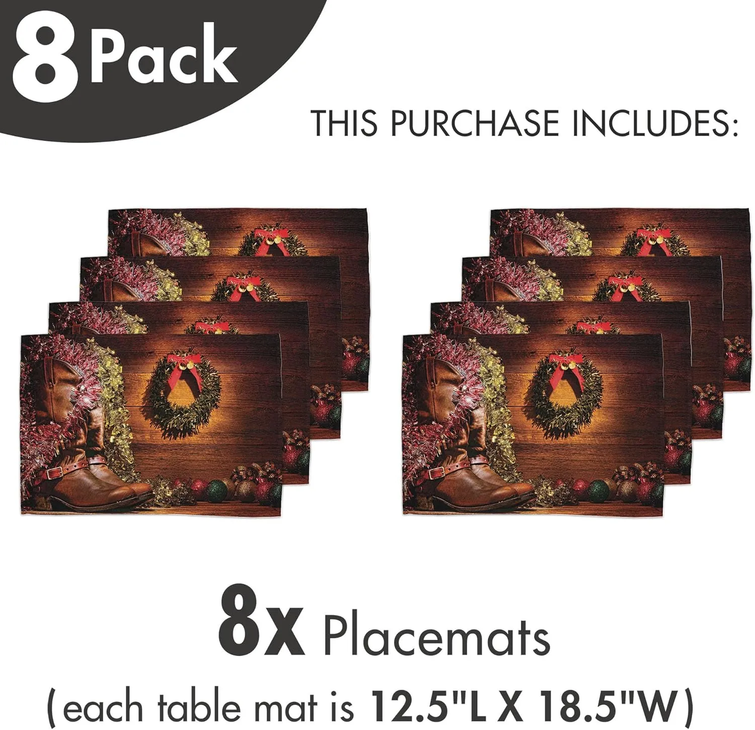 Lunarable Western Place Mats Set of 8, Country Design with Cowboy Boots and Christmas Celebrations in a Vintage Cabin Lodge, Washable Fabric Placemats for Dining Table, Placemat 8 pcs, Brown Green