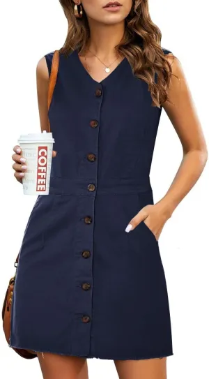 luvamia Women's Casual V Neck Sleeveless Jeans Button Down Denim Short Dress