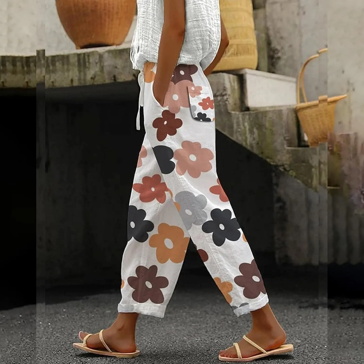 Luxury Linen Blend Trousers High Waist Wide Leg Women's 2025 Summer Beach Palazzo Pants with Belt Loops