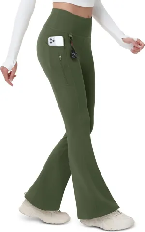 MAGCOMSEN Women's Fleece Lined Flare Pants Waterproof Insulated Winter Pants High Waisted Bootcut Hiking Yoga Leggings