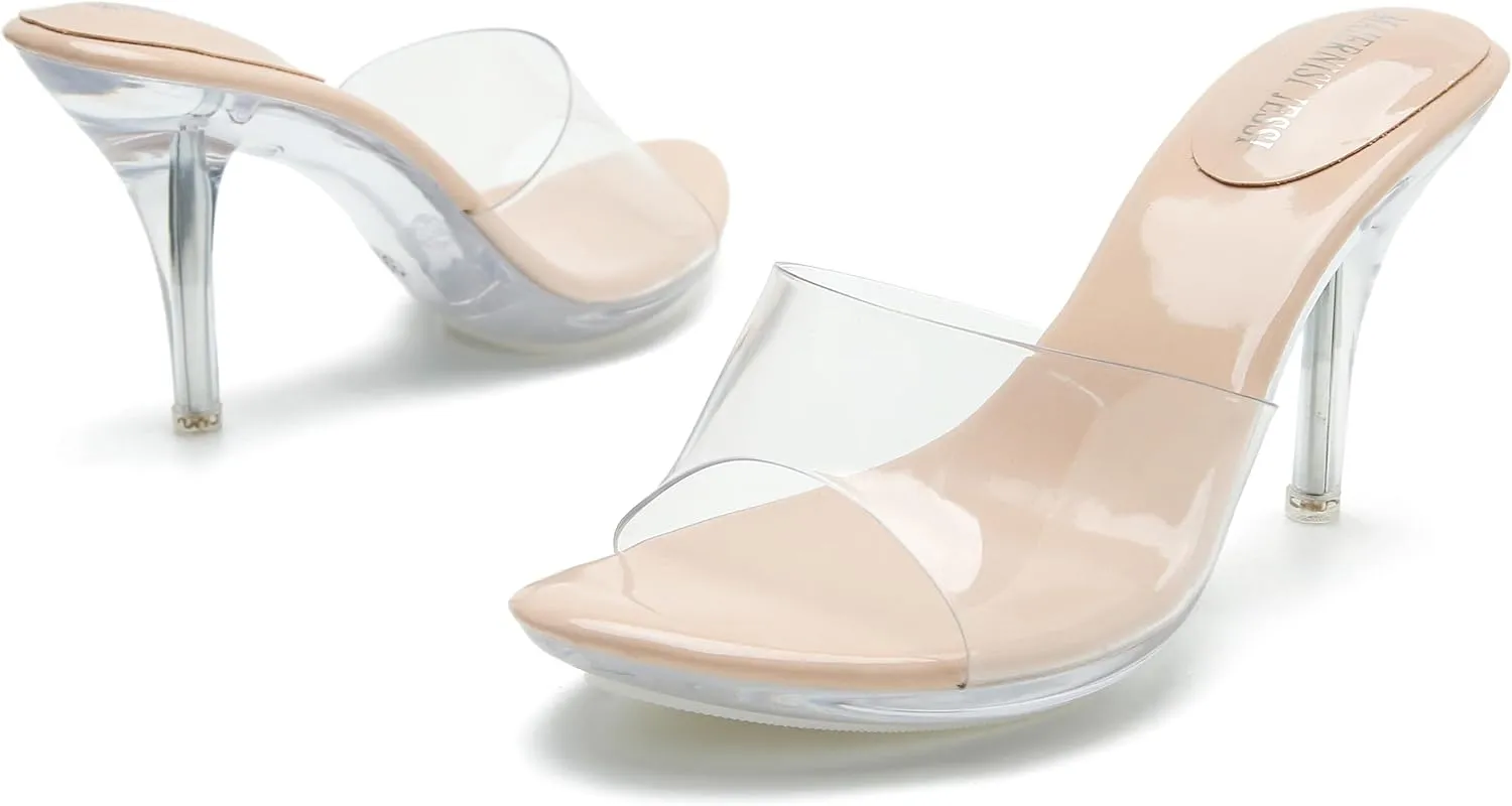 MAIERNISI JESSI Clear Heels for Women Sandals Transparent Sexy Stilletos Heels Slip on Wedding Dress Heel Mules