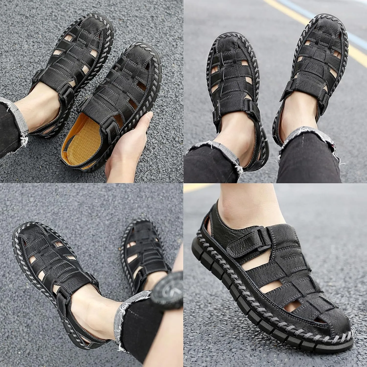 MAIZUN Men's Sandals Closed Toe Outdoor Leather Sandals Hiking Waterproof Athletic Fisherman Sandals Summer Adjustable Beach Water Sandals