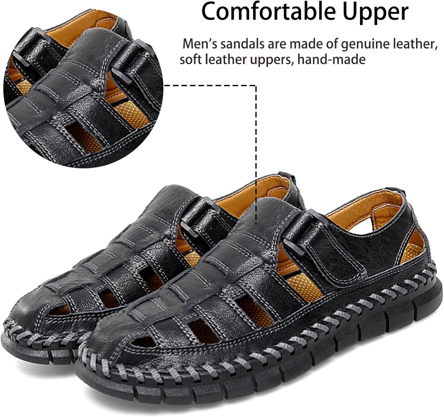 MAIZUN Men's Sandals Closed Toe Outdoor Leather Sandals Hiking Waterproof Athletic Fisherman Sandals Summer Adjustable Beach Water Sandals