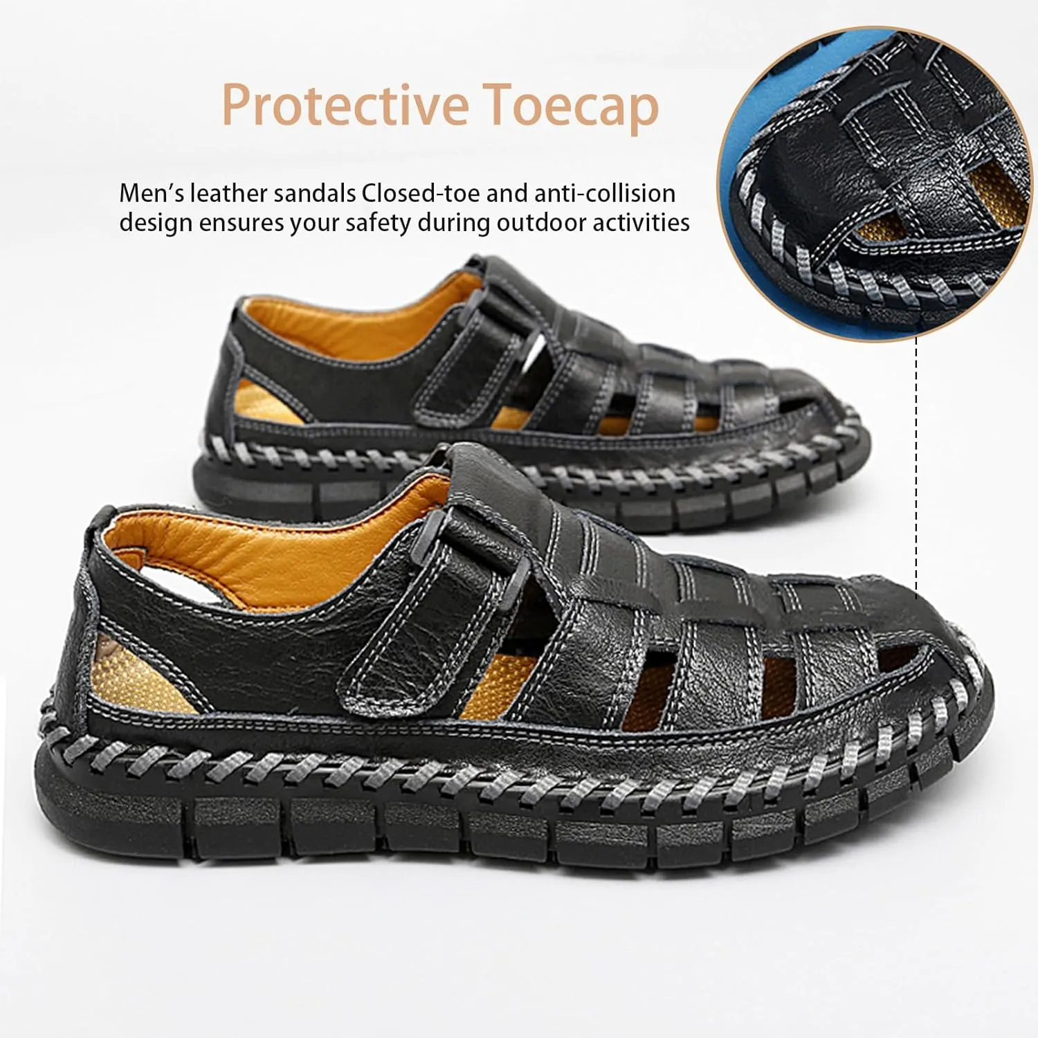 MAIZUN Men's Sandals Closed Toe Outdoor Leather Sandals Hiking Waterproof Athletic Fisherman Sandals Summer Adjustable Beach Water Sandals