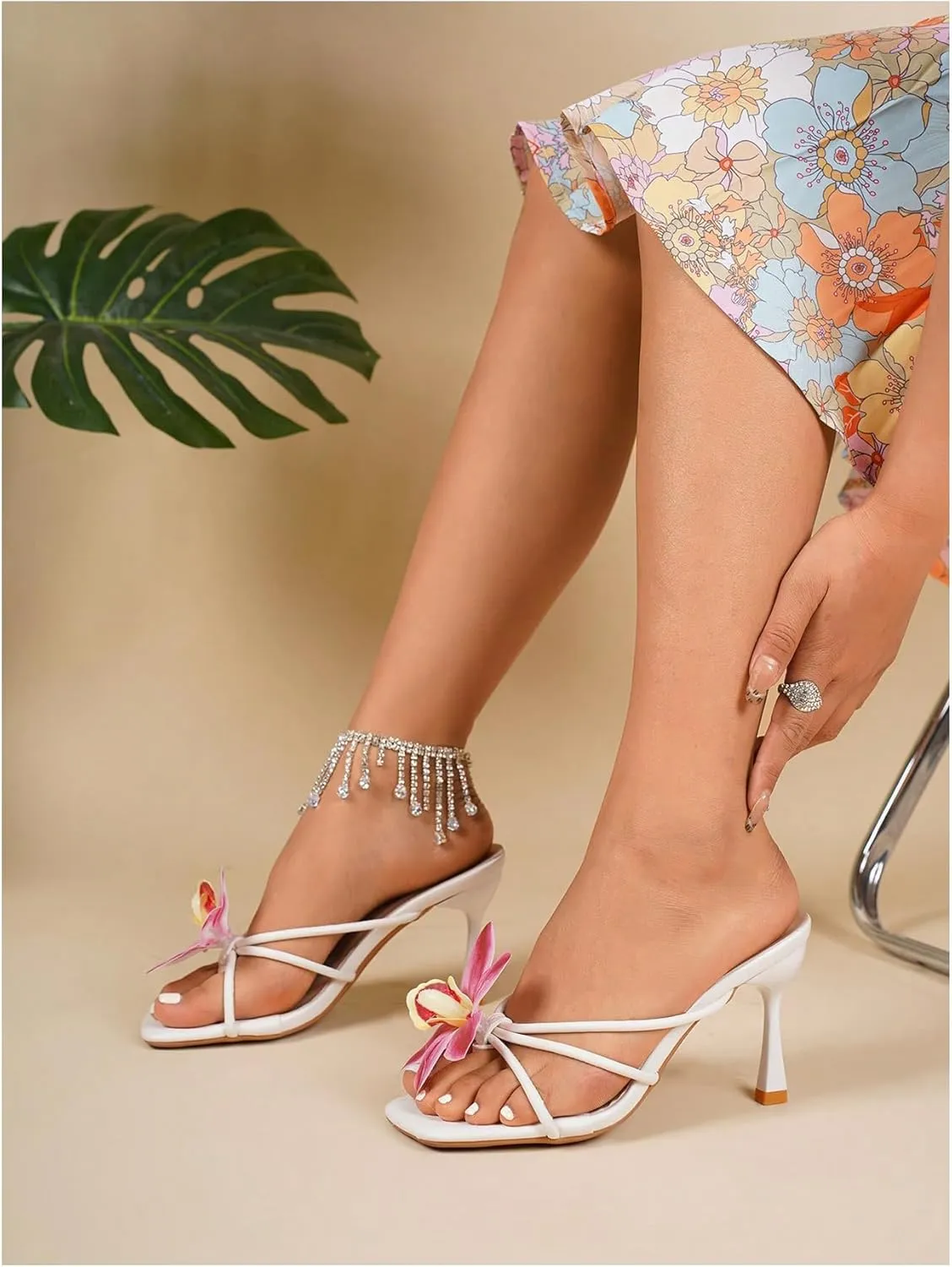 MakeMeChic Women's Open Toe Floral Kitten Heels Flower Summer Beach Sandals