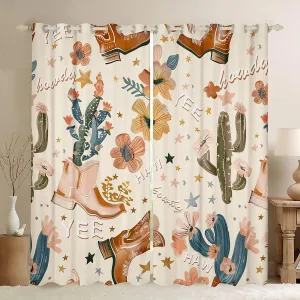 Manfei Cowboy Window Curtains Cowboy Boots Window Drapes for Kids Girls Room Decor, Wild West Cactus Flower Cowgirl Window Treatments, Grommet Top 2 Panel Set Bedroom Curtains, 42Wx63L inch