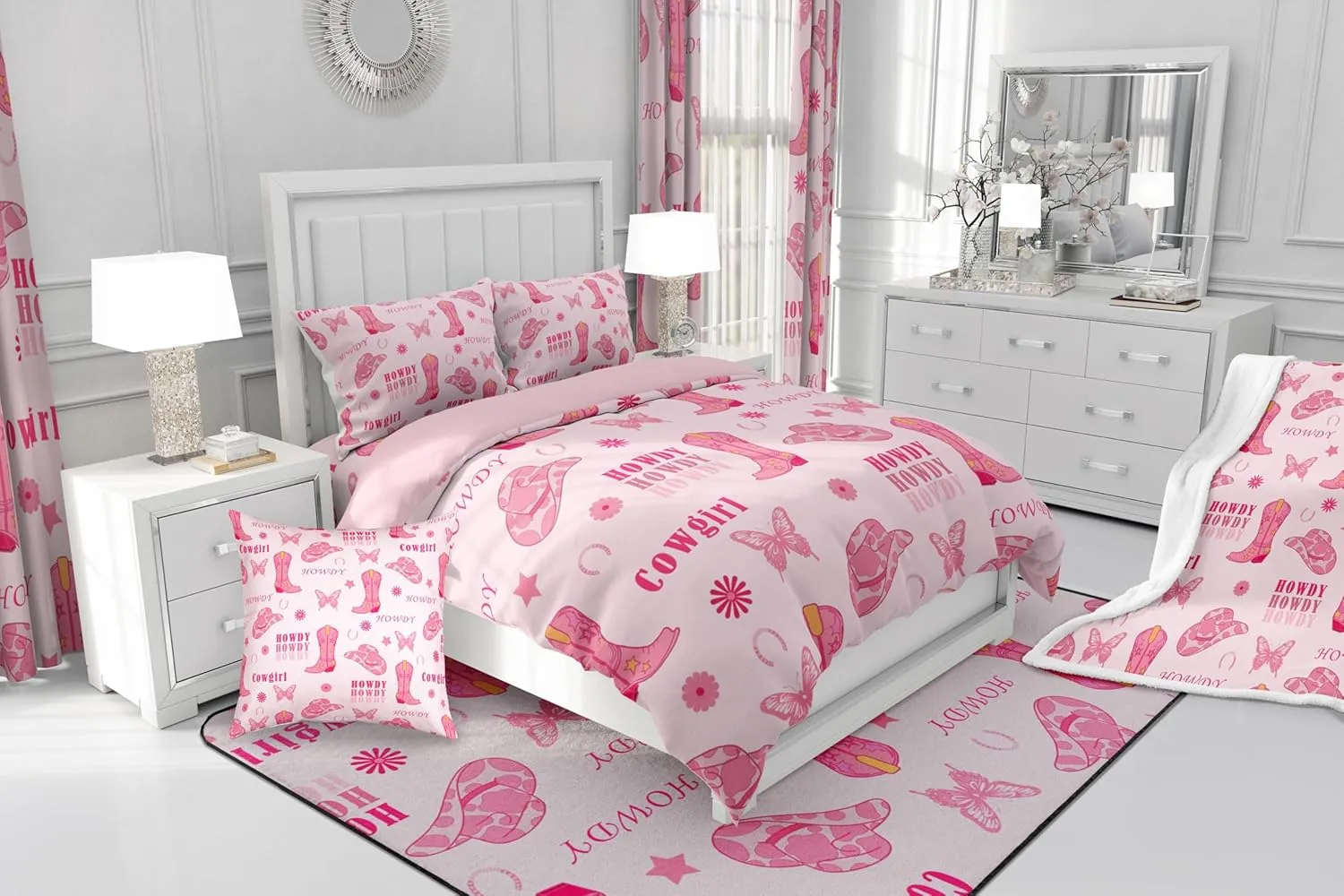 Manfei Cowgirl Boots Comforter Set Full Size 3 Pcs,Western Tribal Horseshoe Cap Cowhide Print Bedding Set,Pink Butterfly Stars Daisy Flowers Graffiti Quilt Set for Teens Bedroom,2 Pillowcases