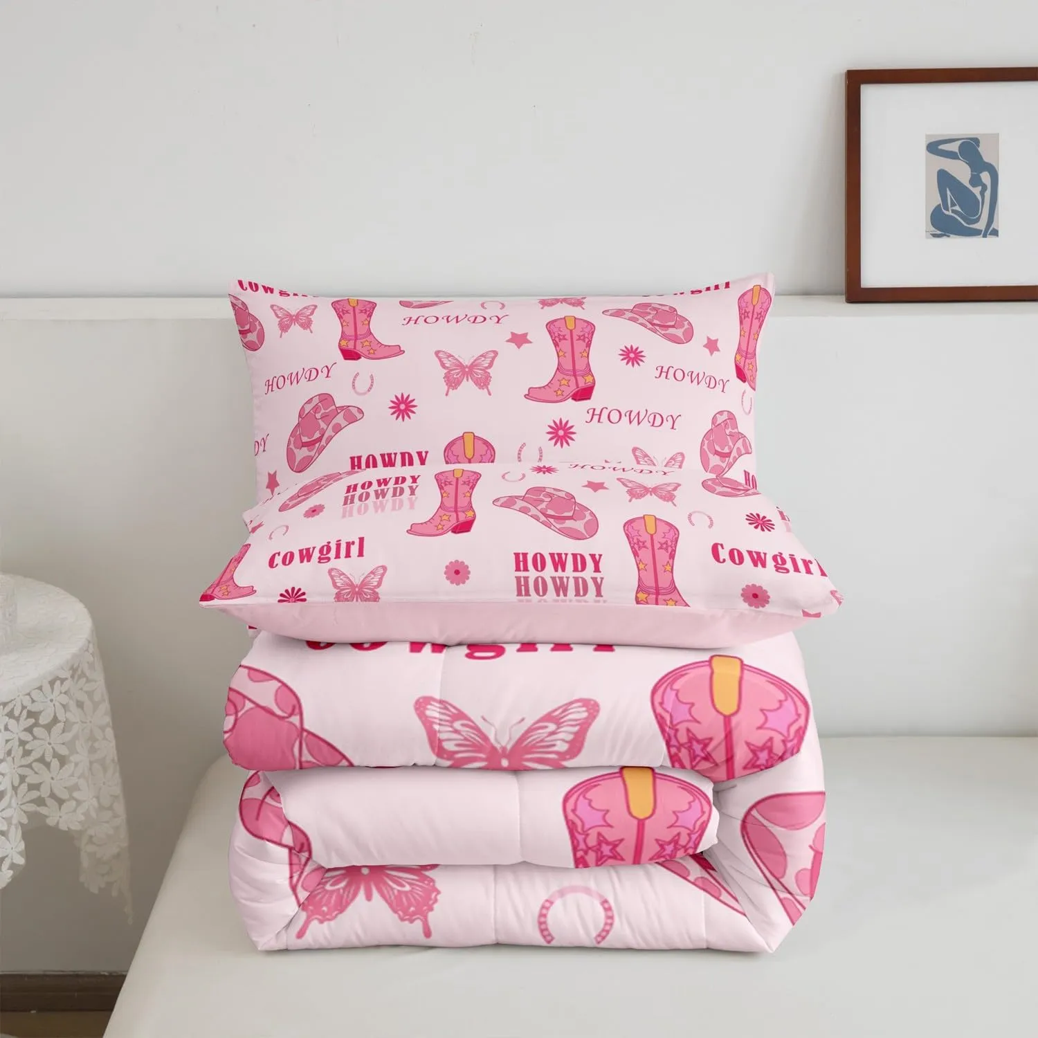 Manfei Cowgirl Boots Comforter Set Full Size 3 Pcs,Western Tribal Horseshoe Cap Cowhide Print Bedding Set,Pink Butterfly Stars Daisy Flowers Graffiti Quilt Set for Teens Bedroom,2 Pillowcases
