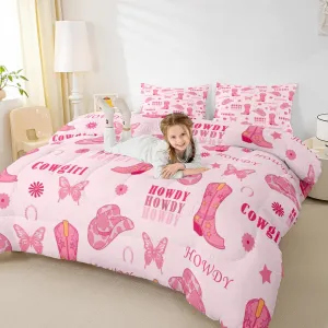 Manfei Cowgirl Boots Comforter Set Full Size 3 Pcs,Western Tribal Horseshoe Cap Cowhide Print Bedding Set,Pink Butterfly Stars Daisy Flowers Graffiti Quilt Set for Teens Bedroom,2 Pillowcases
