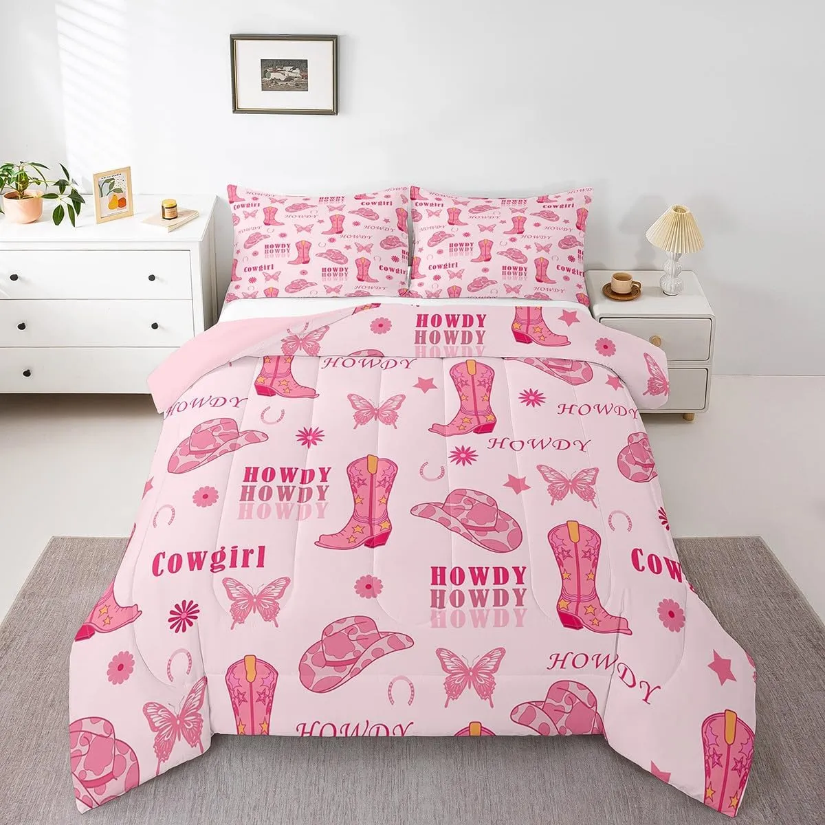 Manfei Cowgirl Boots Comforter Set Full Size 3 Pcs,Western Tribal Horseshoe Cap Cowhide Print Bedding Set,Pink Butterfly Stars Daisy Flowers Graffiti Quilt Set for Teens Bedroom,2 Pillowcases
