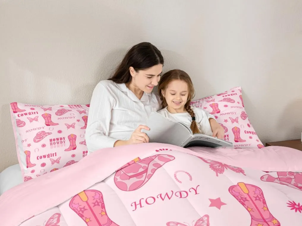 Manfei Cowgirl Boots Comforter Set Twin Size 2 Pcs,Western Tribal Horseshoe Cap Cowhide Print Bedding Set,Pink Butterfly Stars Daisy Flowers Graffiti Quilt Set for Child Bedroom,1 Pillowcase