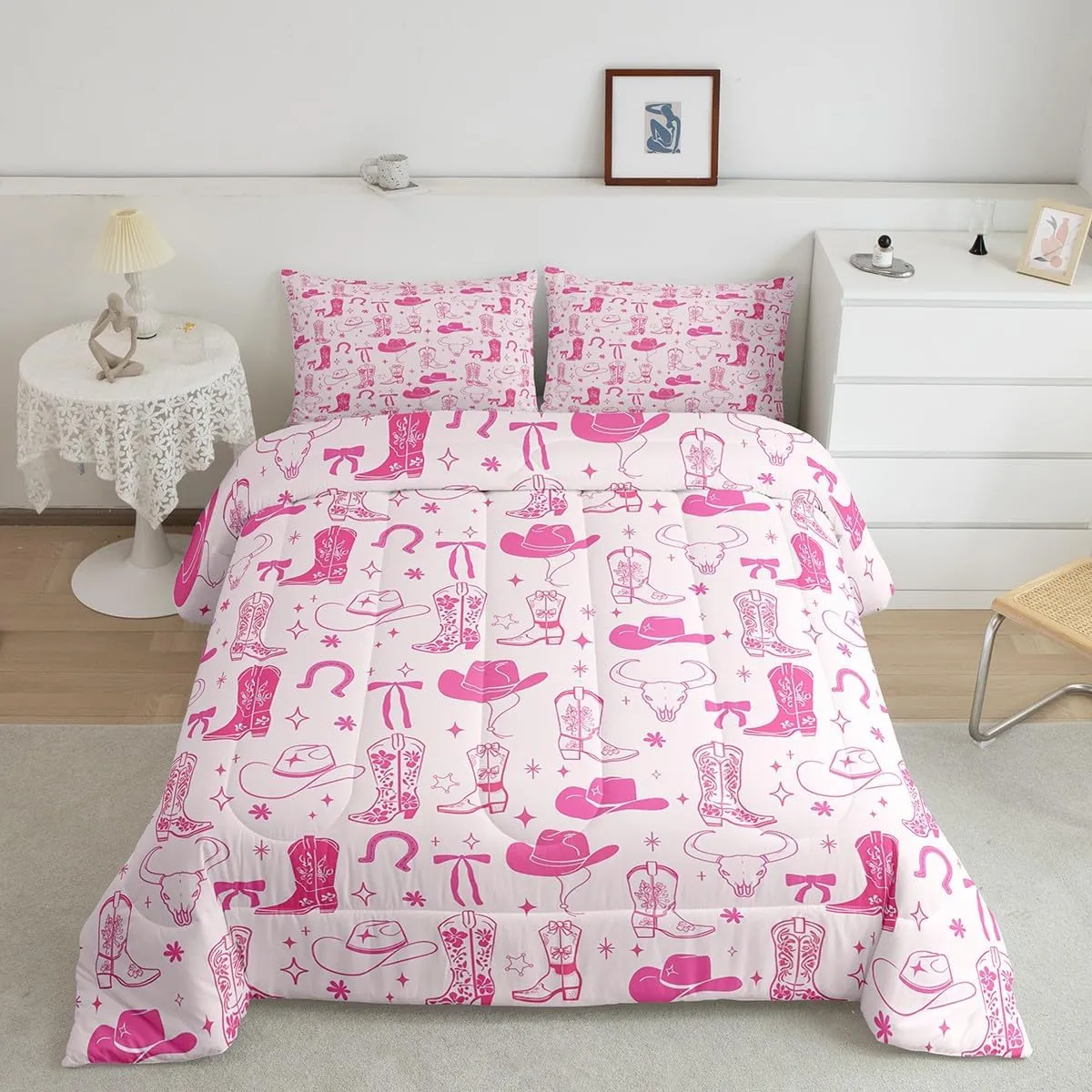 Manfei Cowgirl Kids Comforter Set Twin Size, Cowboy Boots Hat Bowknot Bedding Set for Girls, Western Bull Skull Horseshoes Down Comforter for All Season, Soft Polyester Quilt Set, 1 Pillowcase