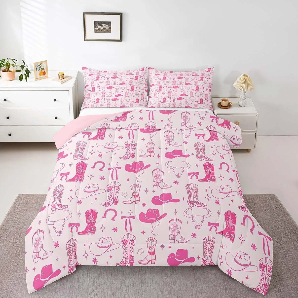 Manfei Cowgirl Kids Comforter Set Twin Size, Cowboy Boots Hat Bowknot Bedding Set for Girls, Western Bull Skull Horseshoes Down Comforter for All Season, Soft Polyester Quilt Set, 1 Pillowcase