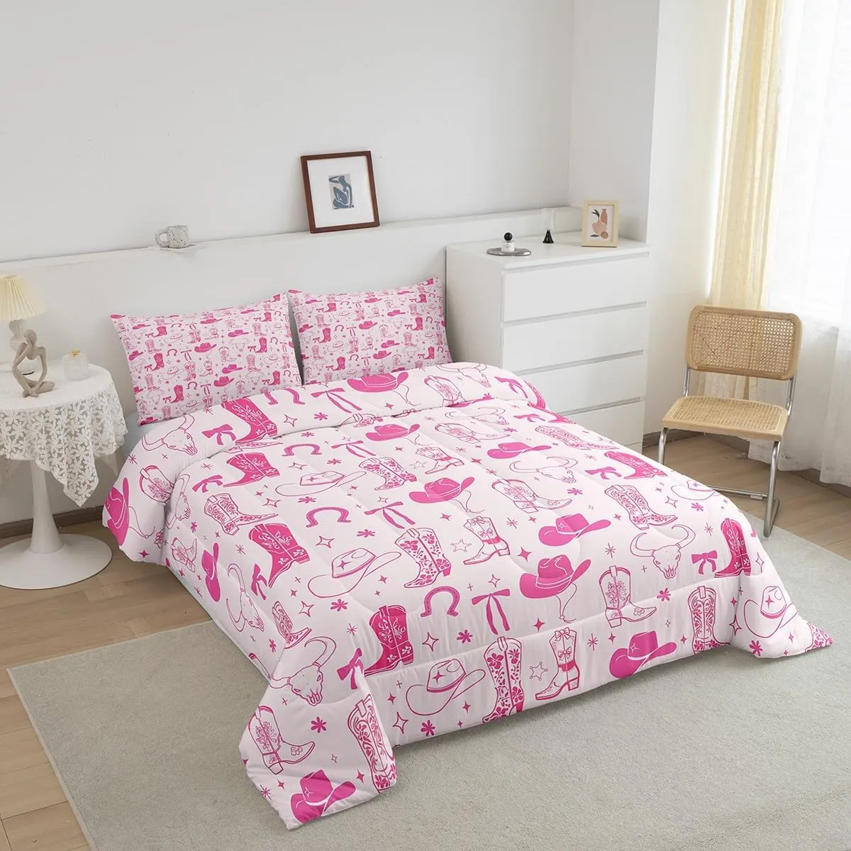 Manfei Cowgirl Kids Comforter Set Twin Size, Cowboy Boots Hat Bowknot Bedding Set for Girls, Western Bull Skull Horseshoes Down Comforter for All Season, Soft Polyester Quilt Set, 1 Pillowcase