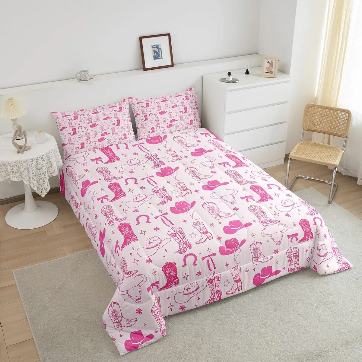 Manfei Cowgirl Kids Comforter Set Twin Size, Cowboy Boots Hat Bowknot Bedding Set for Girls, Western Bull Skull Horseshoes Down Comforter for All Season, Soft Polyester Quilt Set, 1 Pillowcase