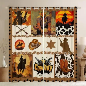 Manfei Western Cowboy Kids Window Curtains,Hats Boots Cowhide Texas Stars Hunt Gun Window Drapes for Boys Men,Geometric Plaids Patchwork Brown Window Treatments Grommet Top 2 Panel Set,42Wx84L inch