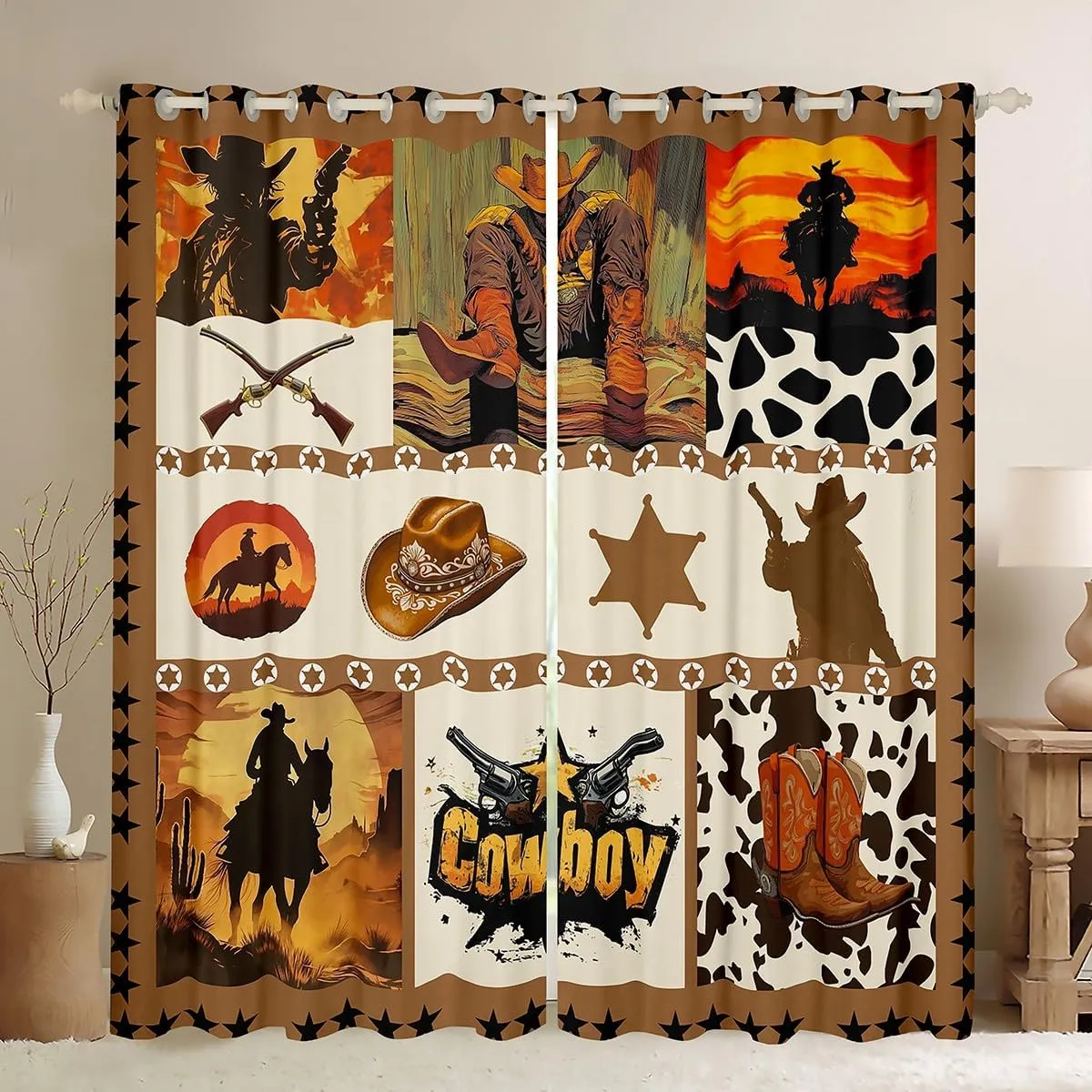 Manfei Western Cowboy Kids Window Curtains,Hats Boots Cowhide Texas Stars Hunt Gun Window Drapes for Boys Men,Geometric Plaids Patchwork Brown Window Treatments Grommet Top 2 Panel Set,42Wx84L inch