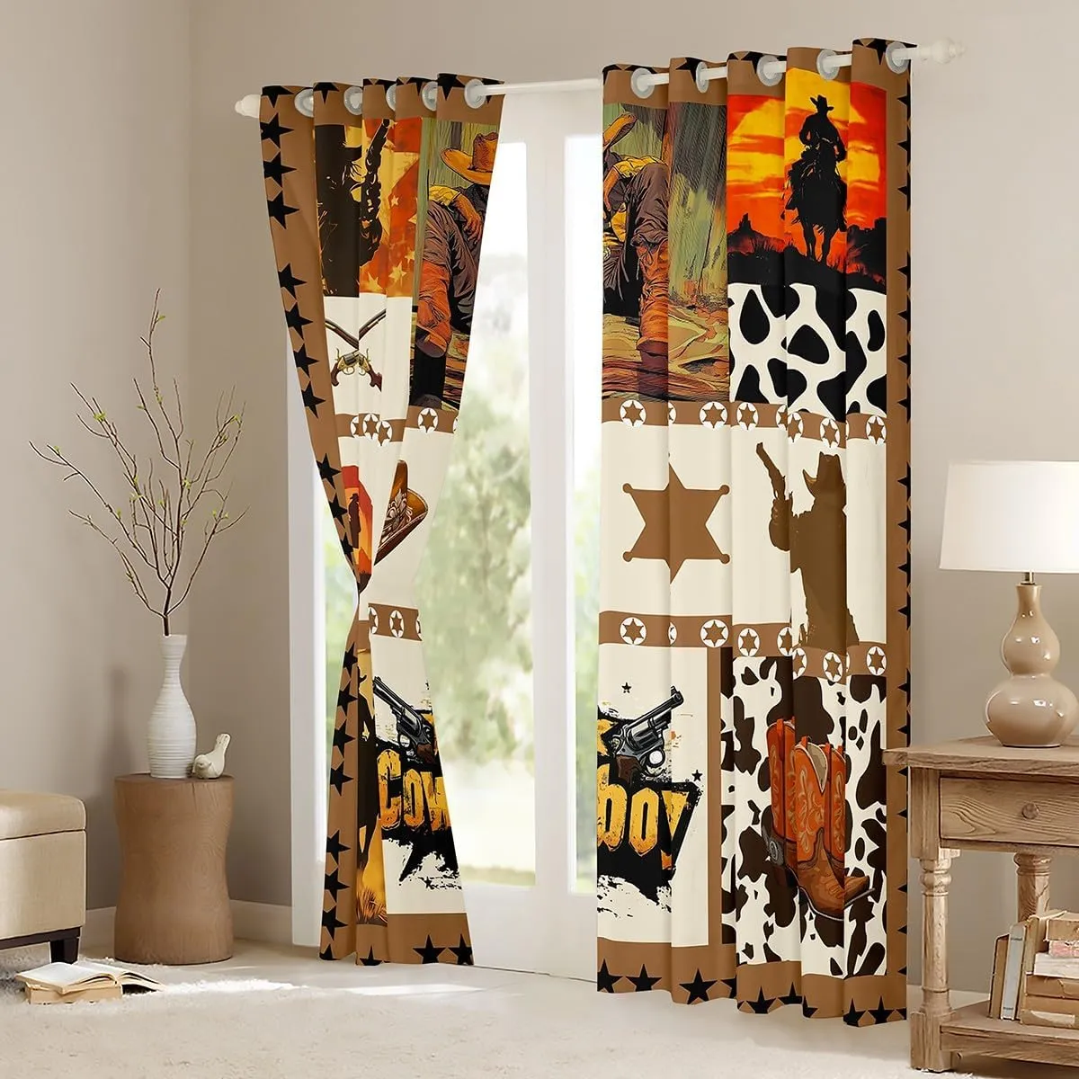 Manfei Western Cowboy Kids Window Curtains,Hats Boots Cowhide Texas Stars Hunt Gun Window Drapes for Boys Men,Geometric Plaids Patchwork Brown Window Treatments Grommet Top 2 Panel Set,42Wx84L inch
