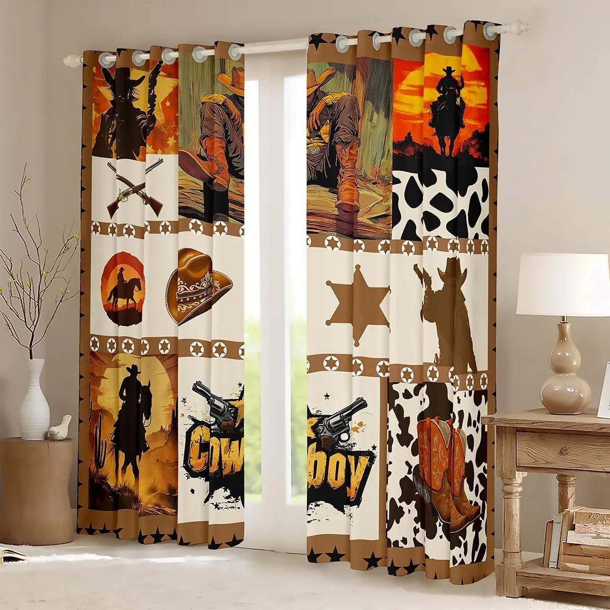 Manfei Western Cowboy Kids Window Curtains,Hats Boots Cowhide Texas Stars Hunt Gun Window Drapes for Boys Men,Geometric Plaids Patchwork Brown Window Treatments Grommet Top 2 Panel Set,42Wx84L inch