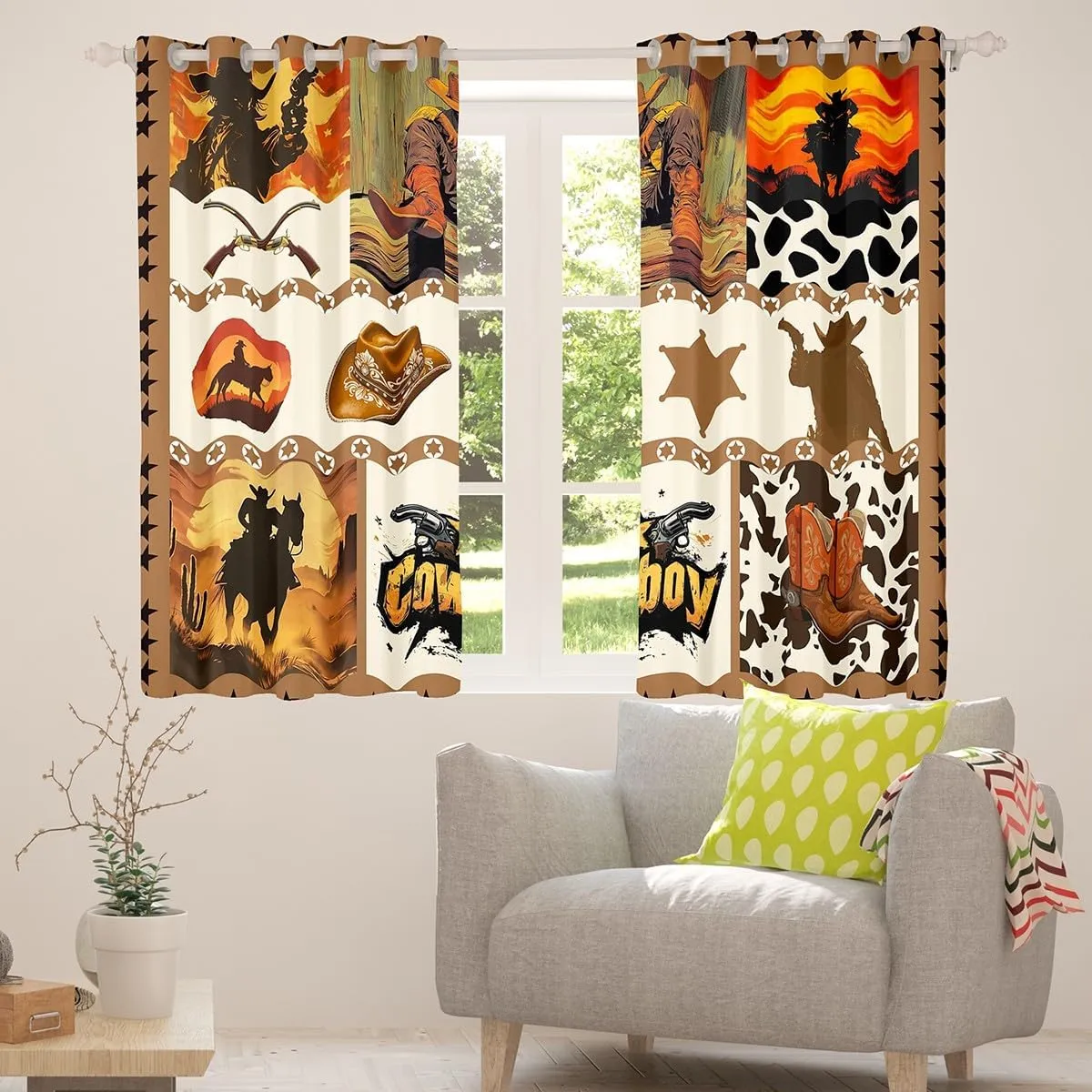 Manfei Western Cowboy Kids Window Curtains,Hats Boots Cowhide Texas Stars Hunt Gun Window Drapes for Boys Men,Geometric Plaids Patchwork Brown Window Treatments Grommet Top 2 Panel Set,42Wx84L inch