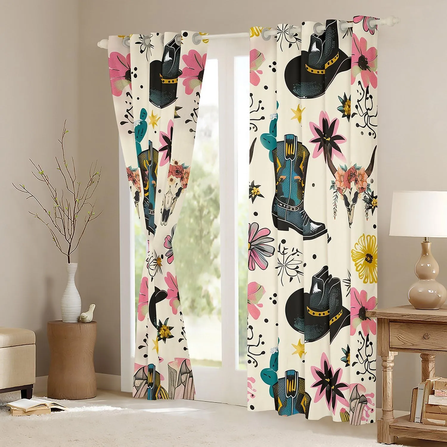 Manfei Western Cowboy Window Curtains Cowboy Boots Hat Window Drapes for Kids Boy Room Decor, Bull Skull Floral Print Window Treatments, Grommet Top 2 Panel Set Bedroom Curtains, 42Wx84L inch