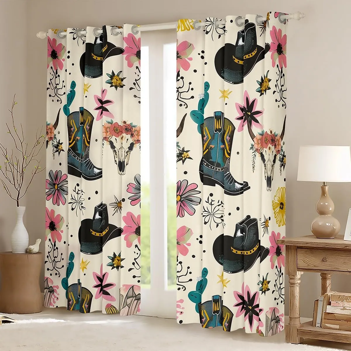 Manfei Western Cowboy Window Curtains Cowboy Boots Hat Window Drapes for Kids Boy Room Decor, Bull Skull Floral Print Window Treatments, Grommet Top 2 Panel Set Bedroom Curtains, 42Wx84L inch
