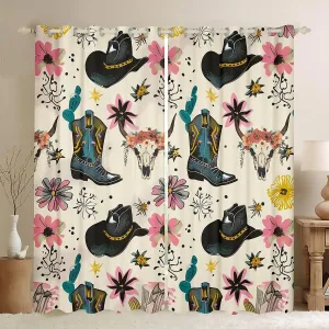 Manfei Western Cowboy Window Curtains Cowboy Boots Hat Window Drapes for Kids Boy Room Decor, Bull Skull Floral Print Window Treatments, Grommet Top 2 Panel Set Bedroom Curtains, 42Wx84L inch
