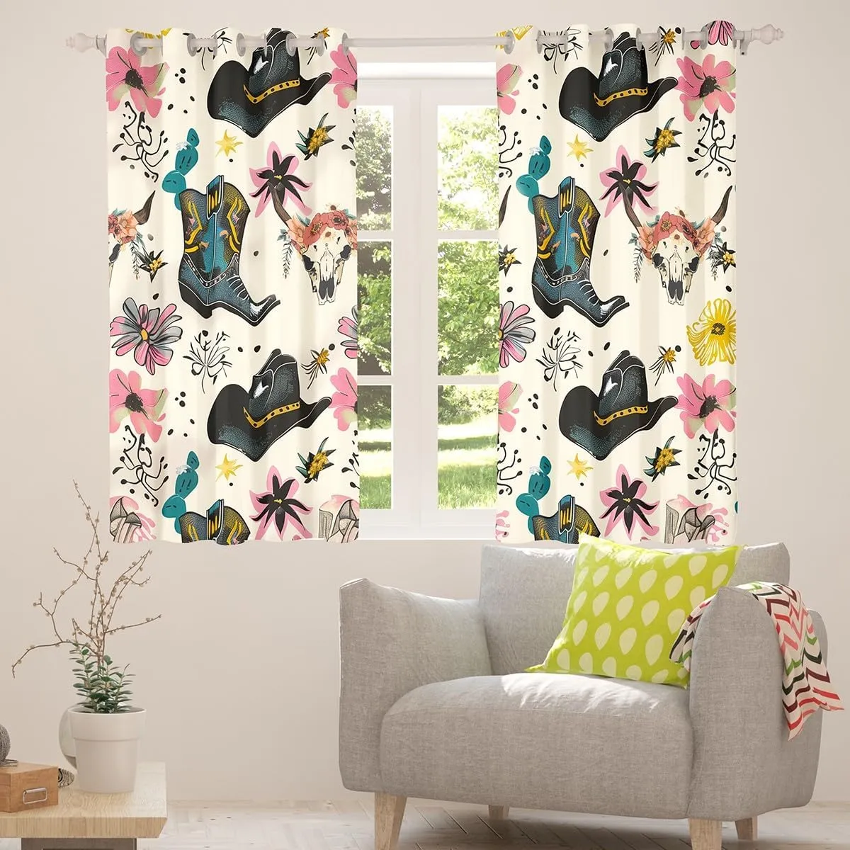 Manfei Western Cowboy Window Curtains Cowboy Boots Hat Window Drapes for Kids Boy Room Decor, Bull Skull Floral Print Window Treatments, Grommet Top 2 Panel Set Bedroom Curtains, 42Wx84L inch