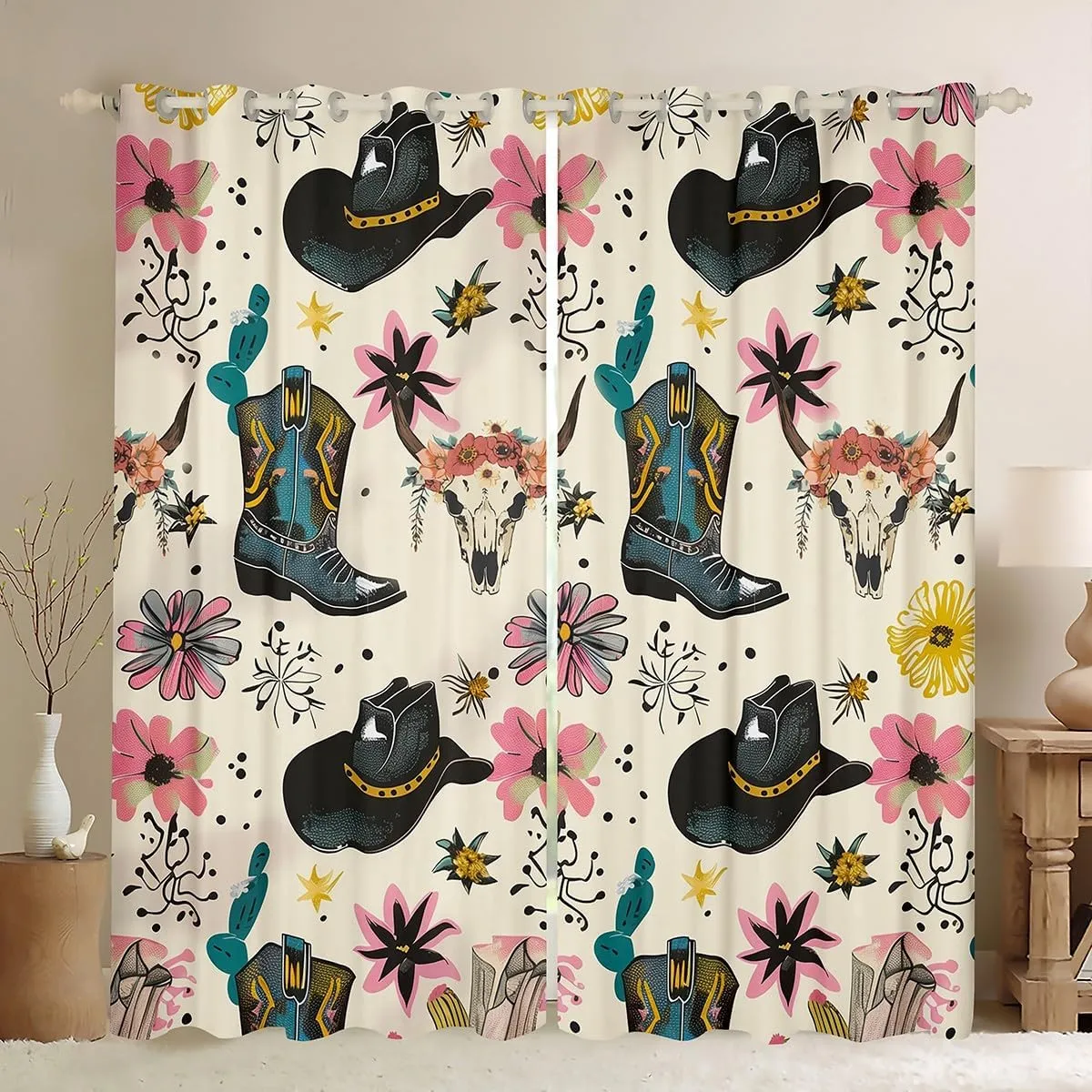 Manfei Western Cowboy Window Curtains Cowboy Boots Hat Window Drapes for Kids Boy Room Decor, Bull Skull Floral Print Window Treatments, Grommet Top 2 Panel Set Bedroom Curtains, 42Wx84L inch