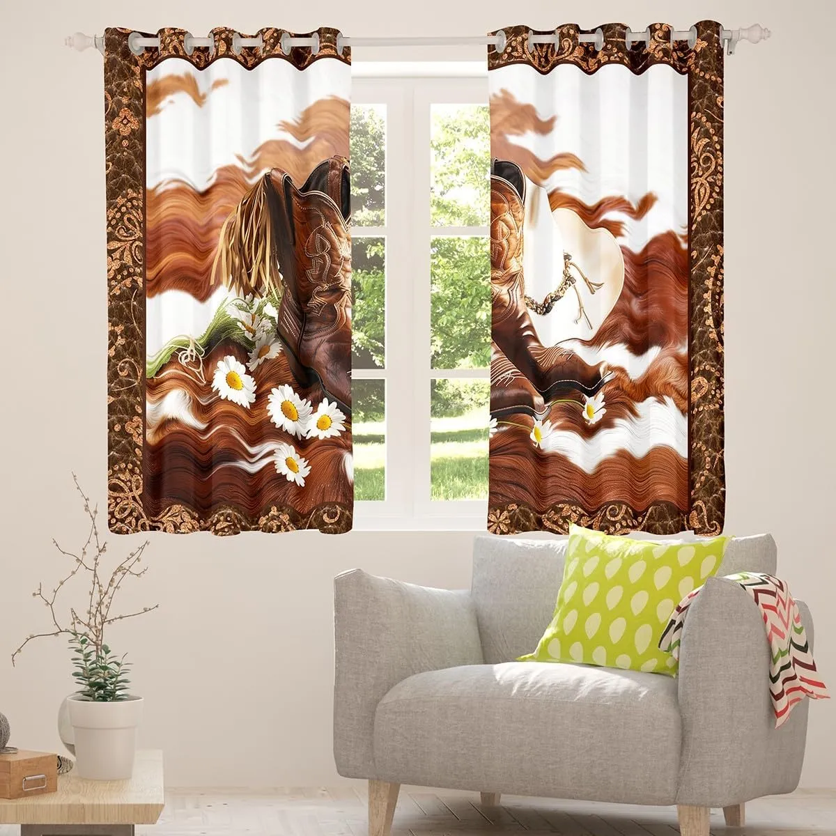 Manfei Western Cowboy Window Curtains Cowboy Boots Hat Window Treatments, Abstract Cowhide Print Window Drapes for Kids Boys Room Decor Grommet Top 2 Panel Set Bedroom Curtains, 52Wx84L inch