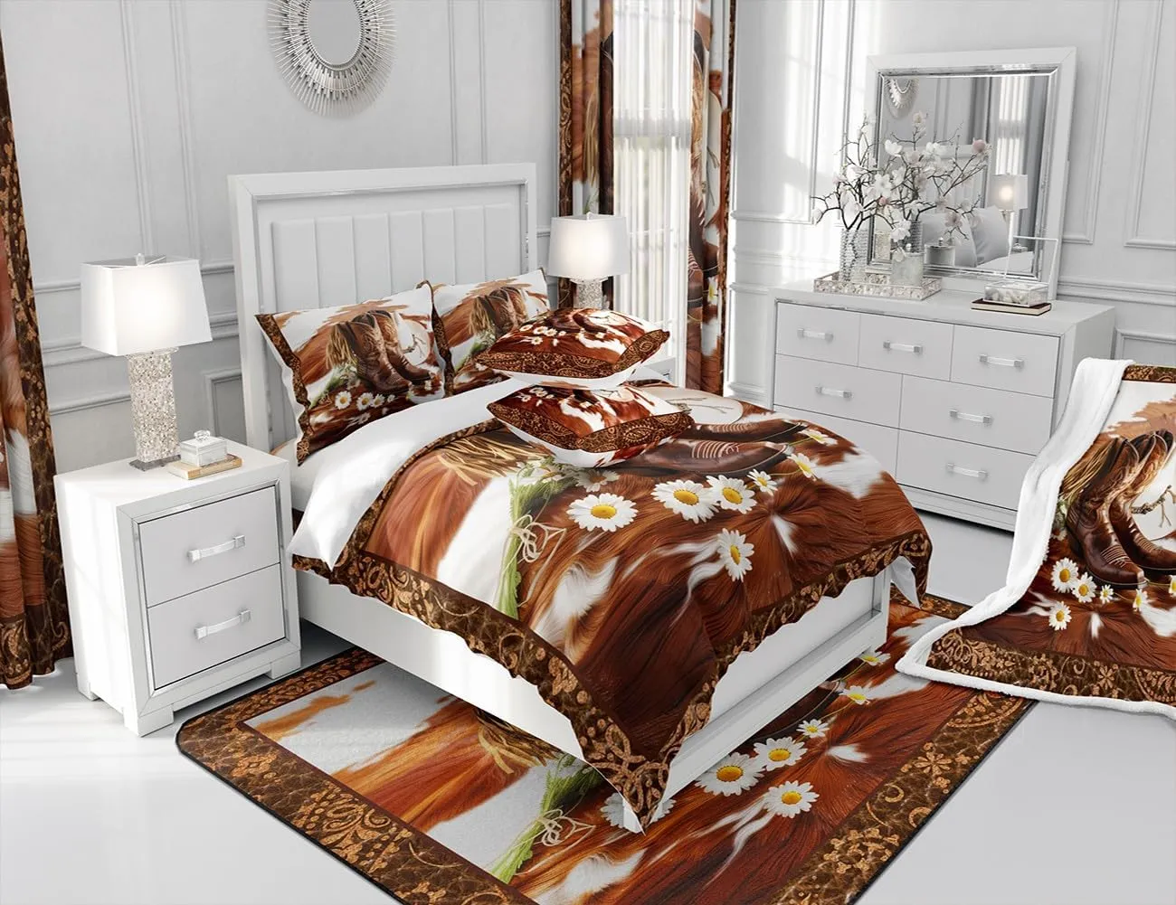 Manfei Western Cowboy Window Curtains Cowboy Boots Hat Window Treatments, Abstract Cowhide Print Window Drapes for Kids Boys Room Decor Grommet Top 2 Panel Set Bedroom Curtains, 52Wx84L inch