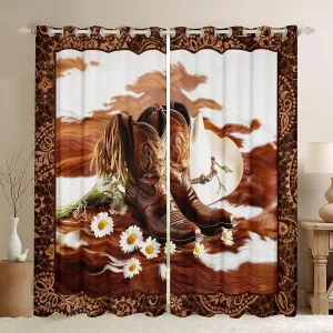 Manfei Western Cowboy Window Curtains Cowboy Boots Hat Window Treatments, Abstract Cowhide Print Window Drapes for Kids Boys Room Decor Grommet Top 2 Panel Set Bedroom Curtains, 52Wx84L inch