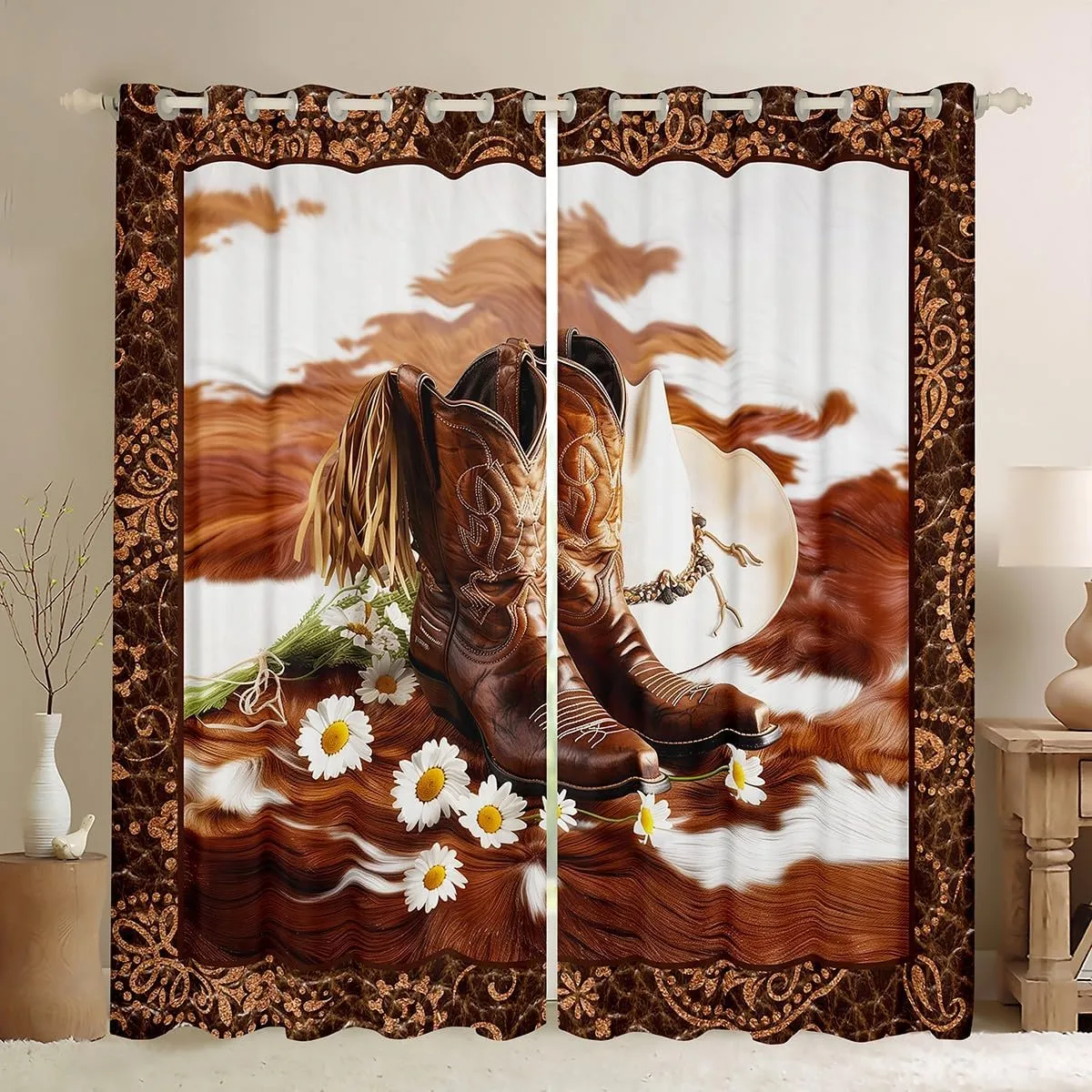 Manfei Western Cowboy Window Curtains Cowboy Boots Hat Window Treatments, Abstract Cowhide Print Window Drapes for Kids Boys Room Decor Grommet Top 2 Panel Set Bedroom Curtains, 52Wx84L inch